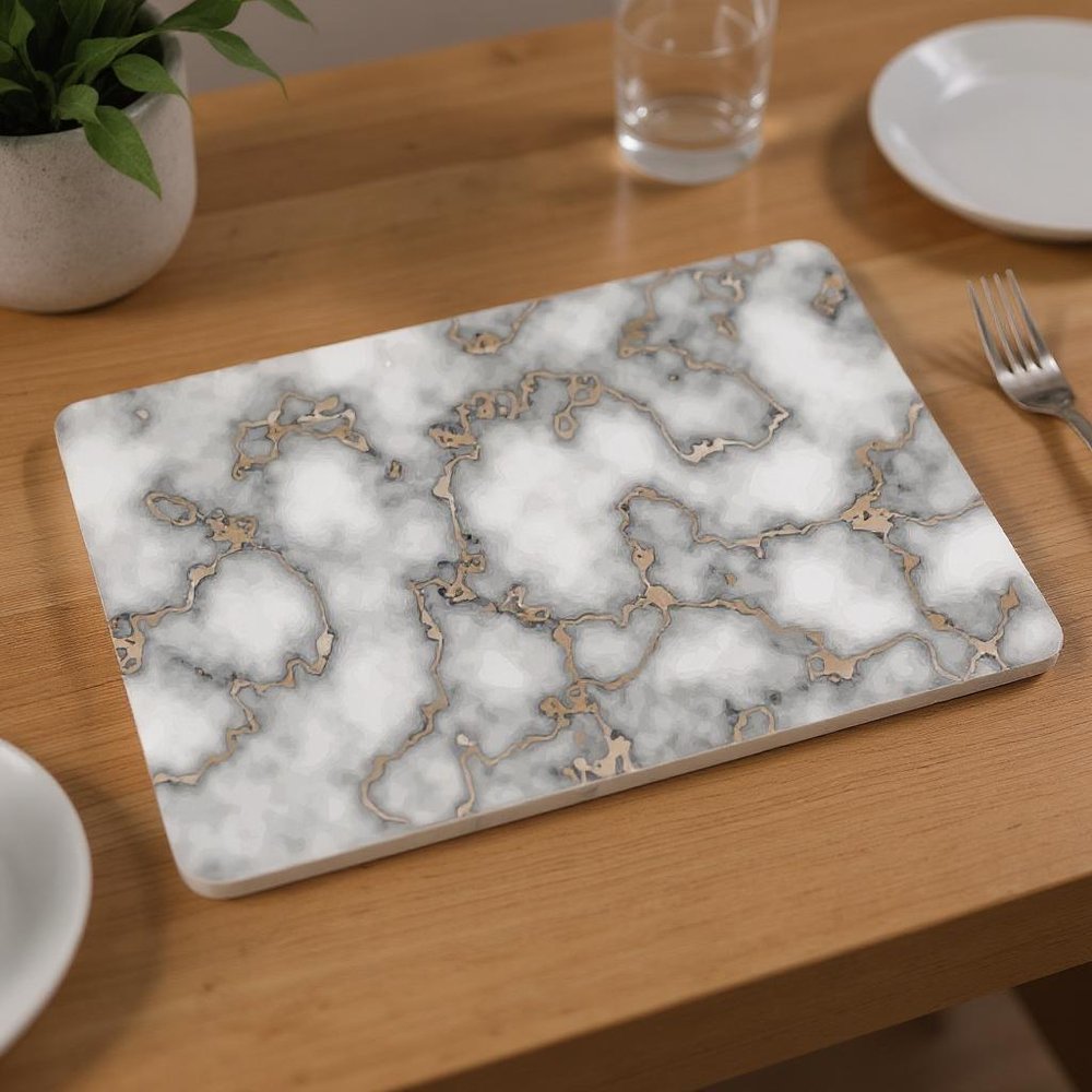 12" X 18" Gray And Gold Abstract Agglomerated cork Placemats styled in a furnished interior with a mahogany wall on a dark wood floor.