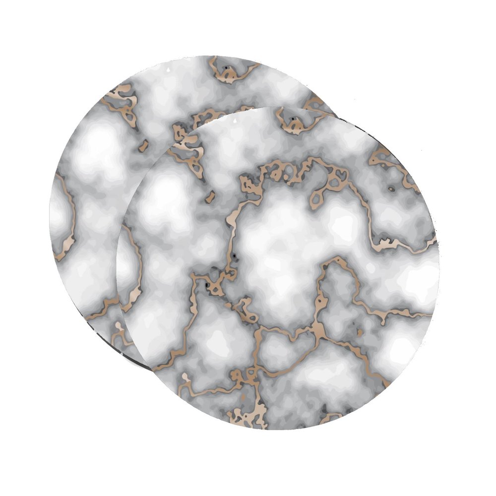 15" Set of Two Gold And Gray Abstract Round Placemats. Dining linen isolated on a plain white background, showing a gray linen surface.