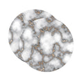 15" Set of Two Gold And Gray Abstract Round Placemats. Dining linen isolated on a plain white background, showing a gray linen surface.