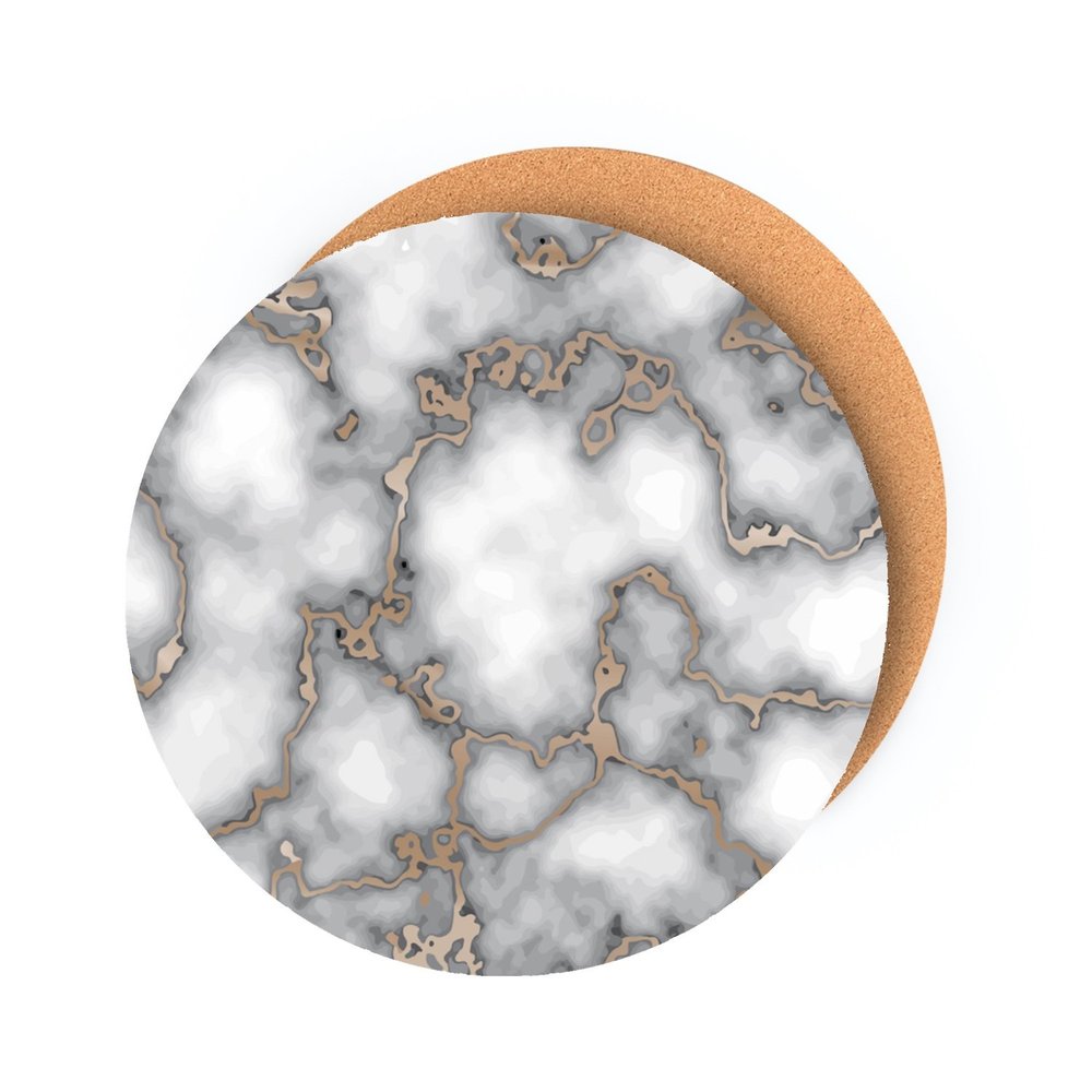 15" Set of Two Gold And Gray Abstract Round Placemats. Dining linen isolated on a plain white background, finished in gray linen.
