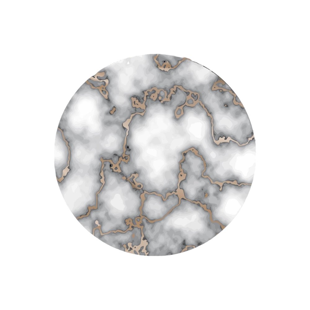 15" Set of Two Gold And Gray Abstract Round Placemats. Dining linen isolated on a plain white background, finished in gray linen.