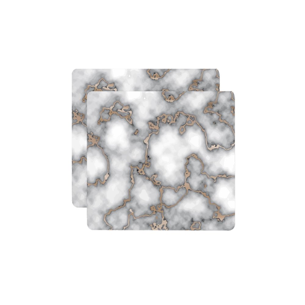 15" X 15" Gray And Gold Abstract Agglomerated cork Square Placemats. Dining linen isolated on a plain white background, finished in gray linen.