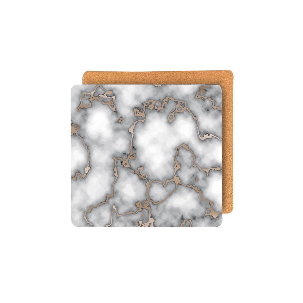 15" X 15" Gray And Gold Abstract Agglomerated cork Square Placemats. Dining linen isolated on a plain white background, in a gray linen finish.