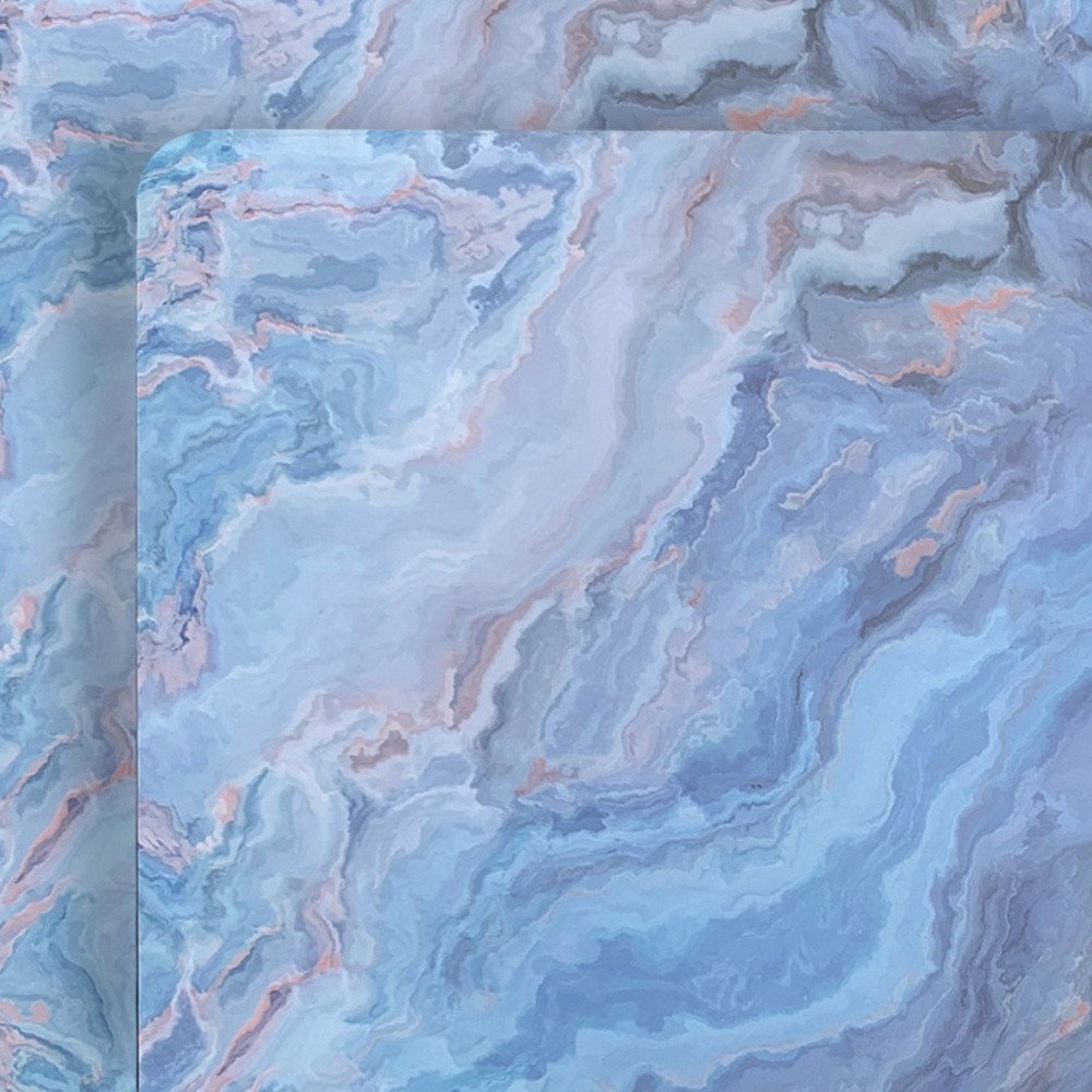 18" Set of Two Blue Abstract Faux Marble Cork Placemats. Dining linen in blue linen.