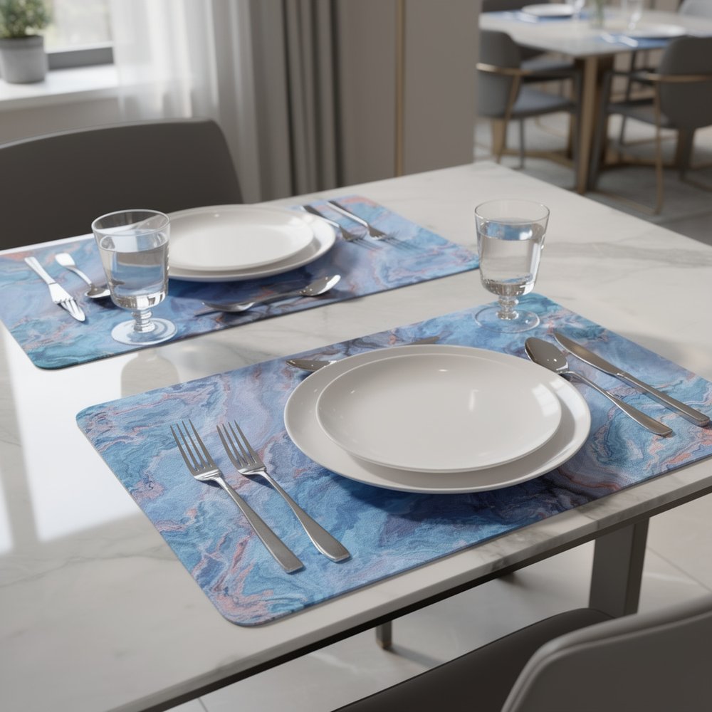 18" Set of Two Blue Abstract Faux Marble Cork Placemats