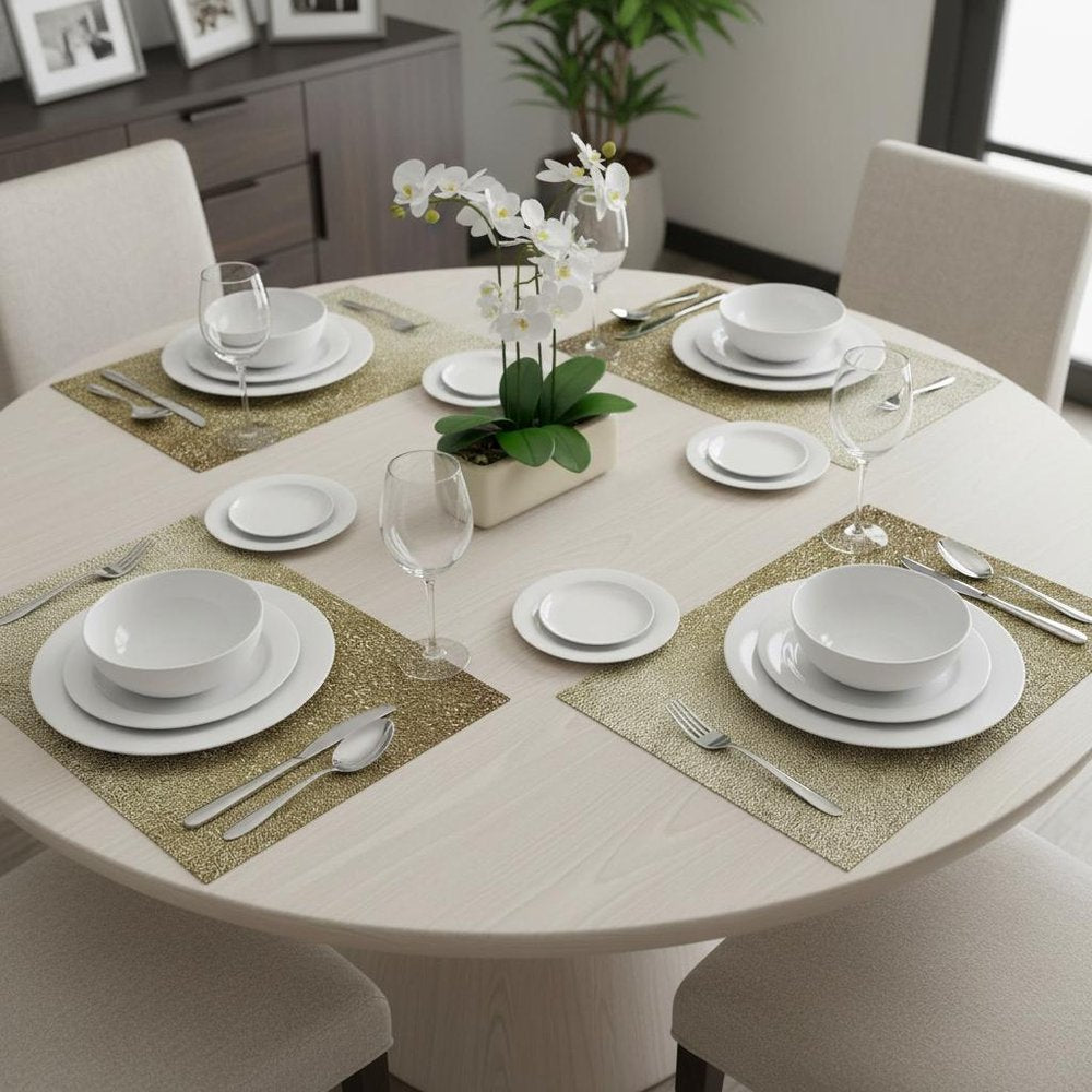 18" Set of Four Gold Vinyl Placemats. Dining linen in gold linen.
