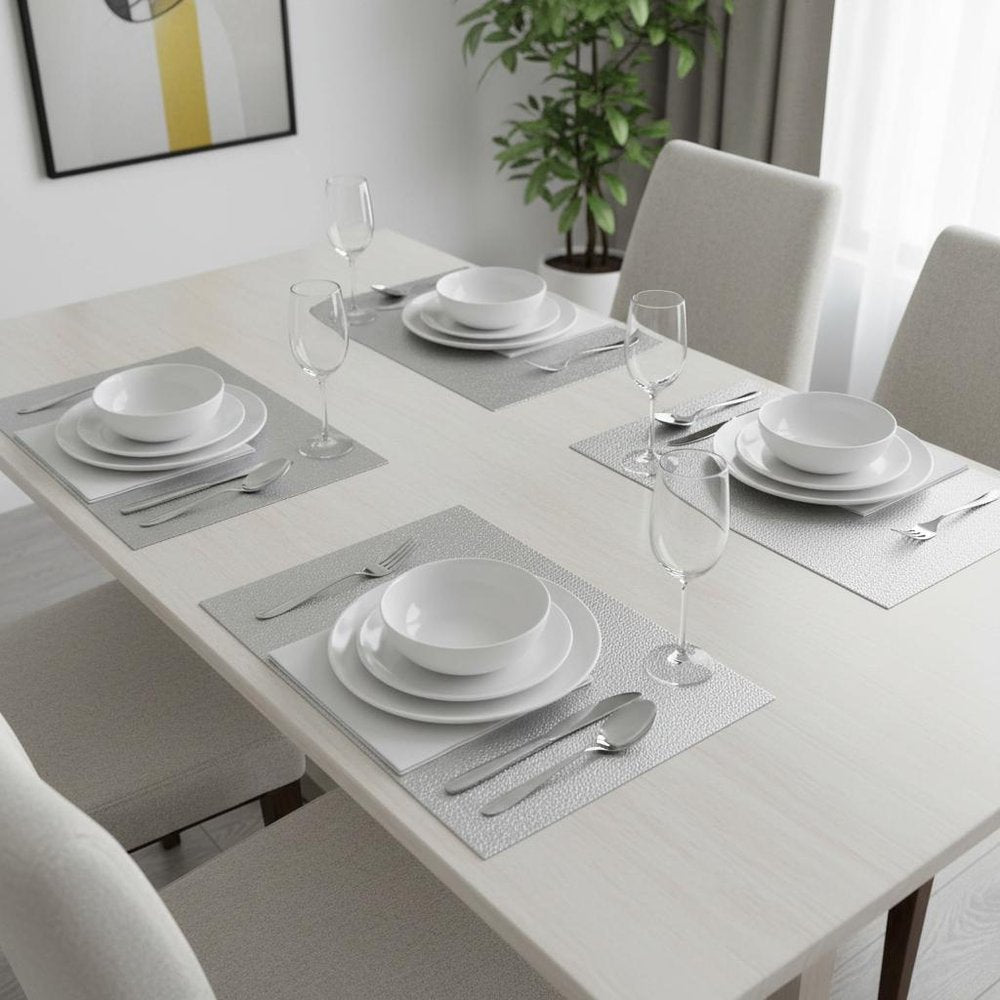 18" Set of Four Silver Vinyl Placemats. Dining linen in silver linen.