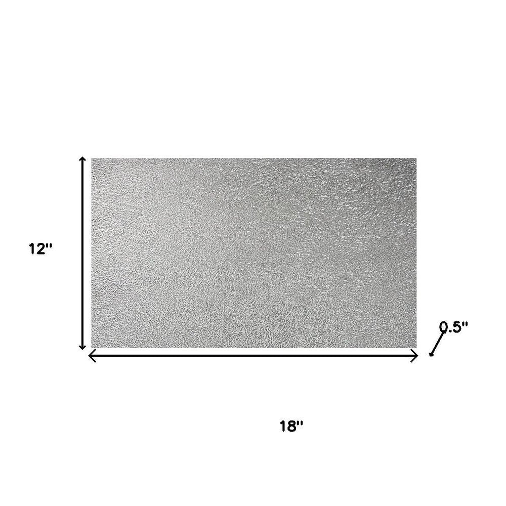 18" Set of Four Silver Vinyl Placemats. Dining linen isolated on a plain white background, showing a silver linen surface.