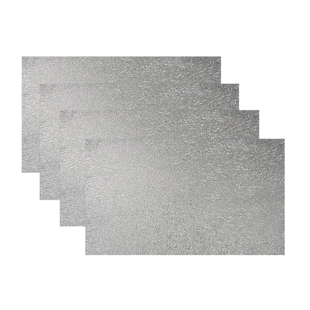 18" Set of Four Silver Vinyl Placemats. Dining linen isolated on a plain white background, finished in silver linen.