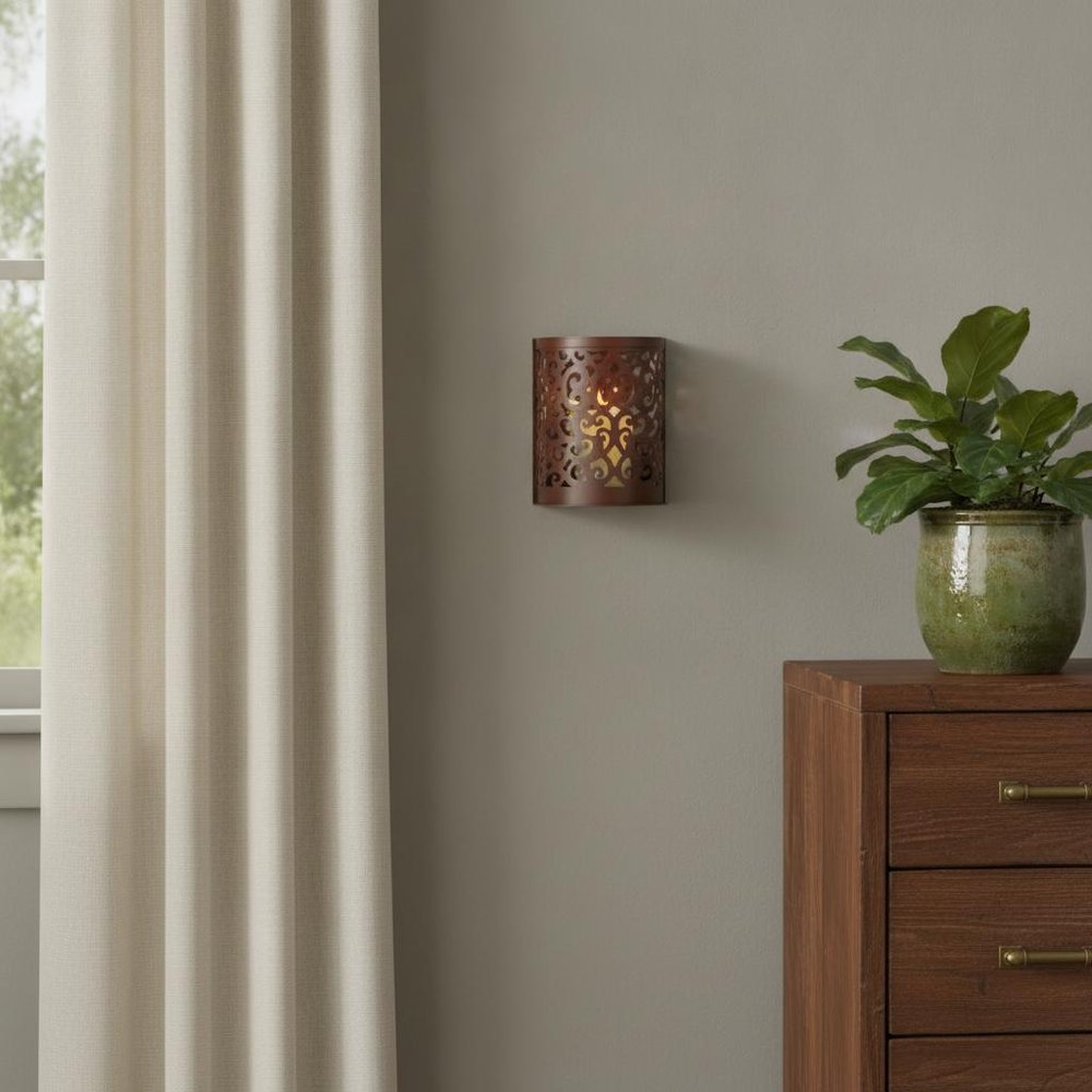9" Brown Floral Iron Wall Sconce Candle Holder With Candle