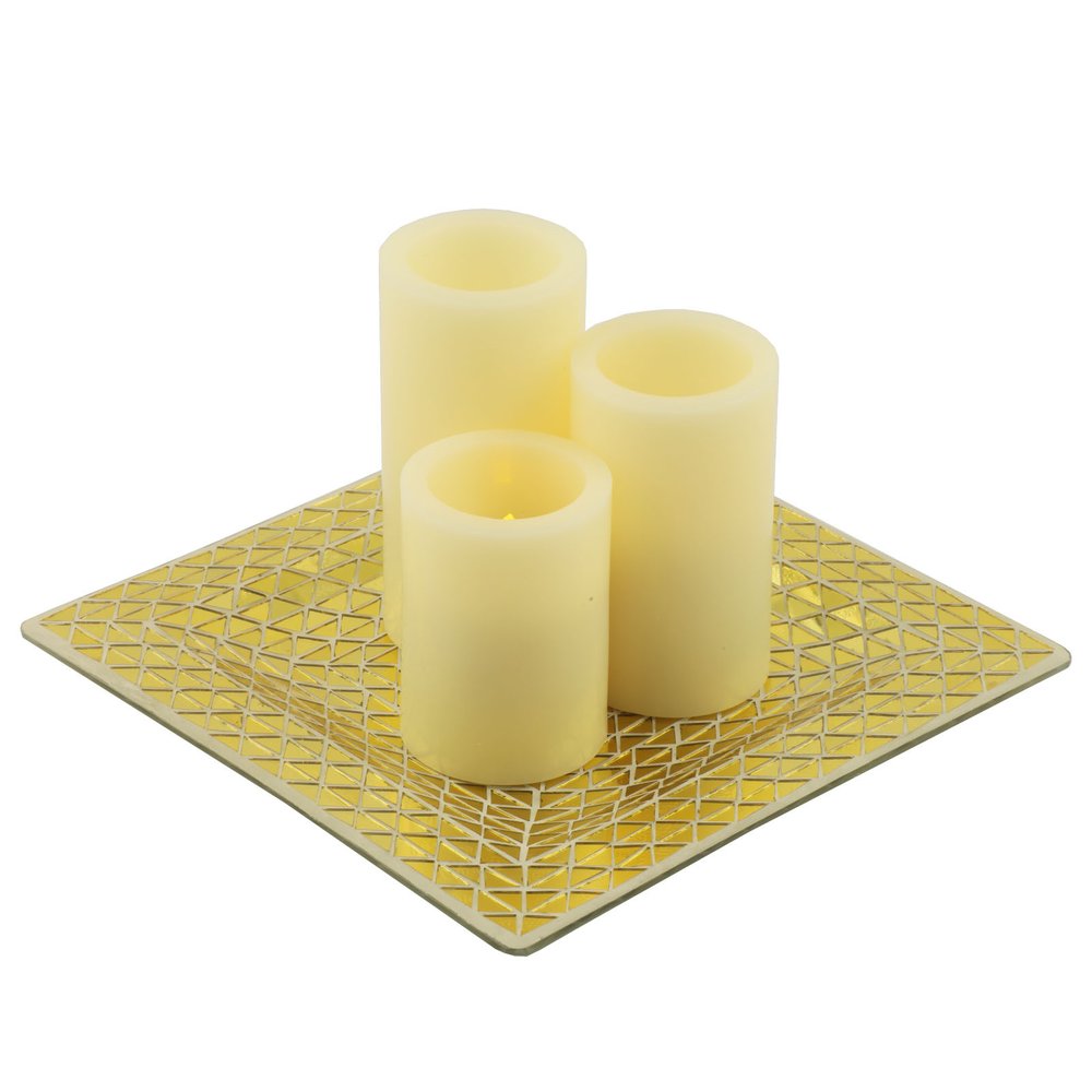 Set of Three Ivory Flameless Pillar Candles With Gold Holder on a white background