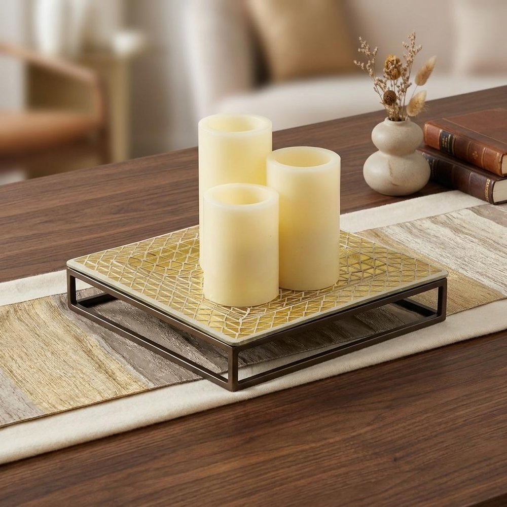 Set of Three Ivory Flameless Pillar Candles With Gold Holder