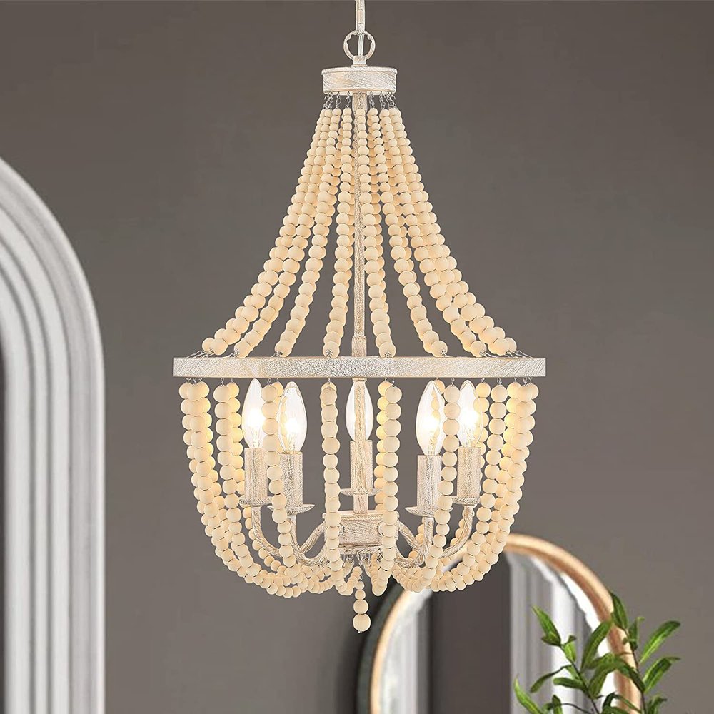 Gold And White Candle Style Five Light Metal Dimmable Chandelier