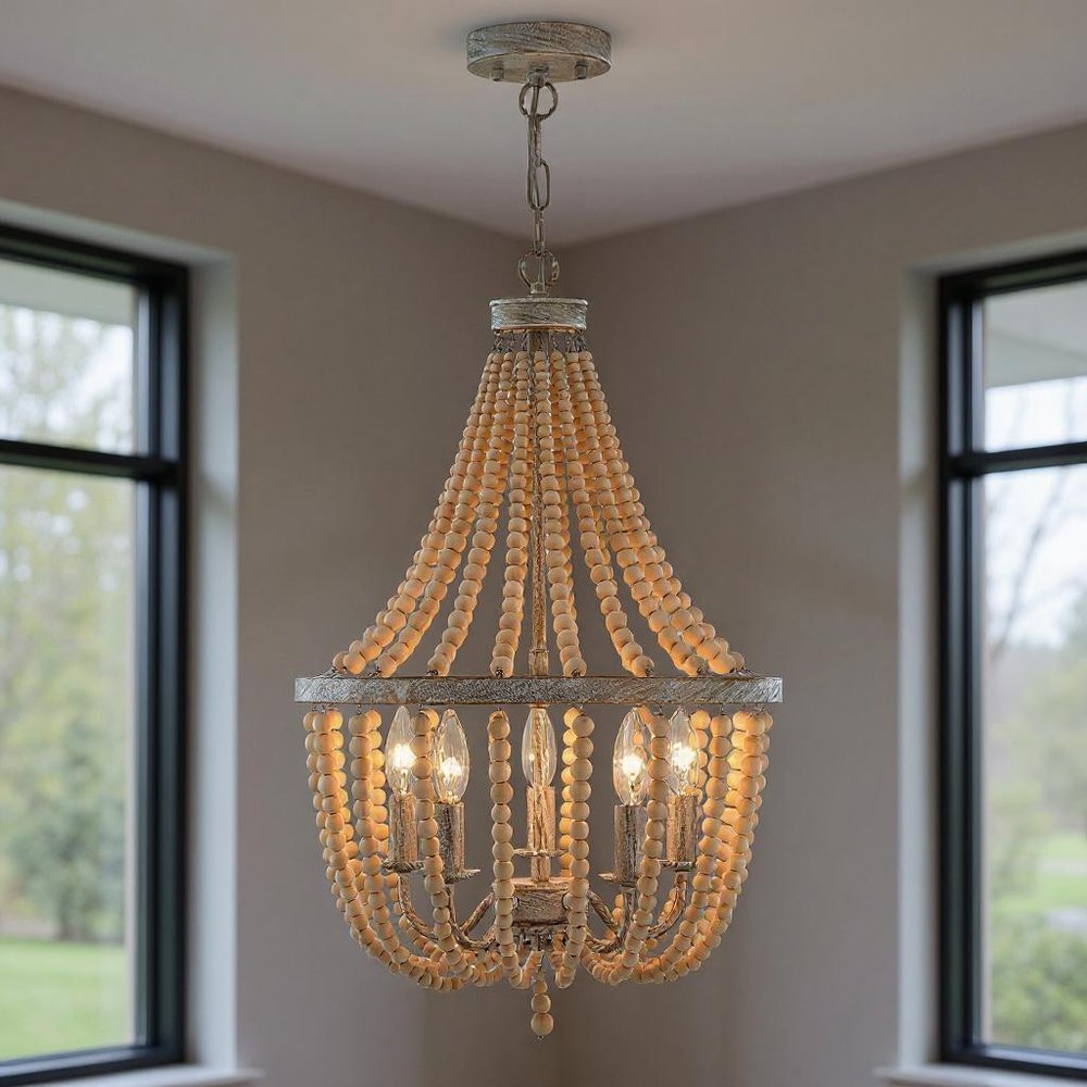 Gold And White Candle Style Five Light Metal Dimmable Chandelier