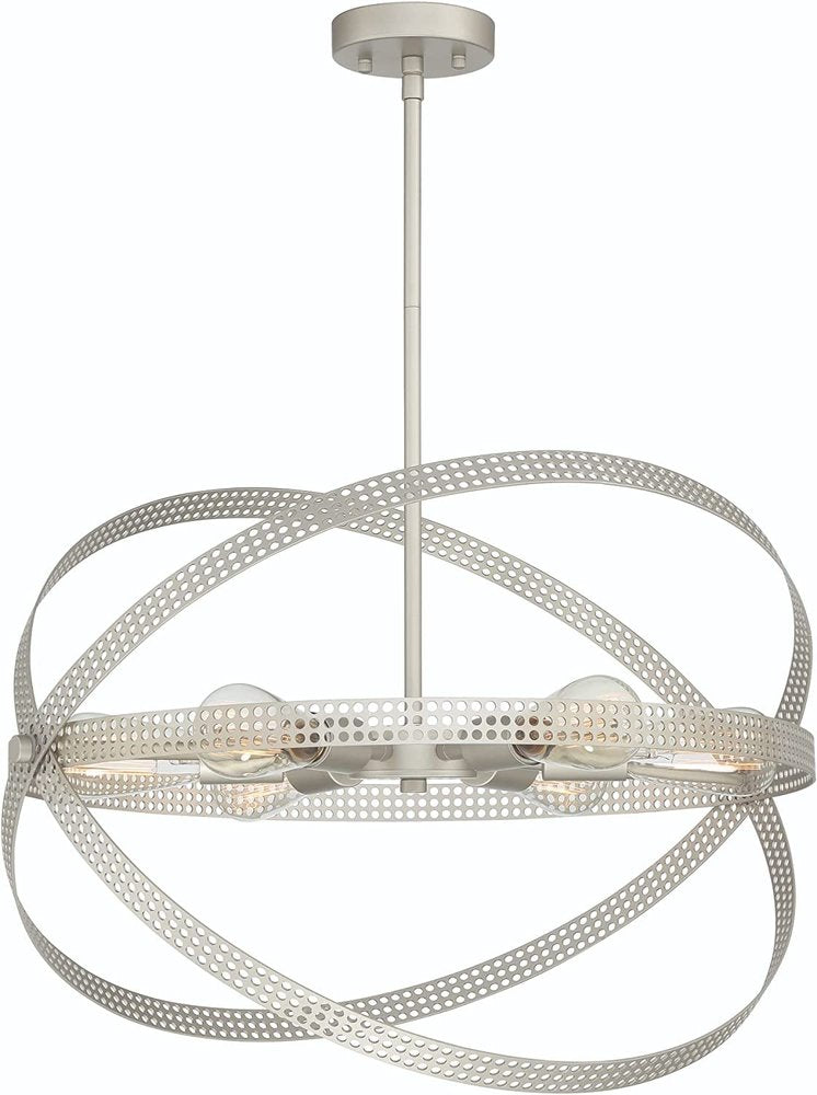 Silver metal orb chandelier with perforated bands and six exposed bulbs hangs from a brushed nickel ceiling mount against a white background.