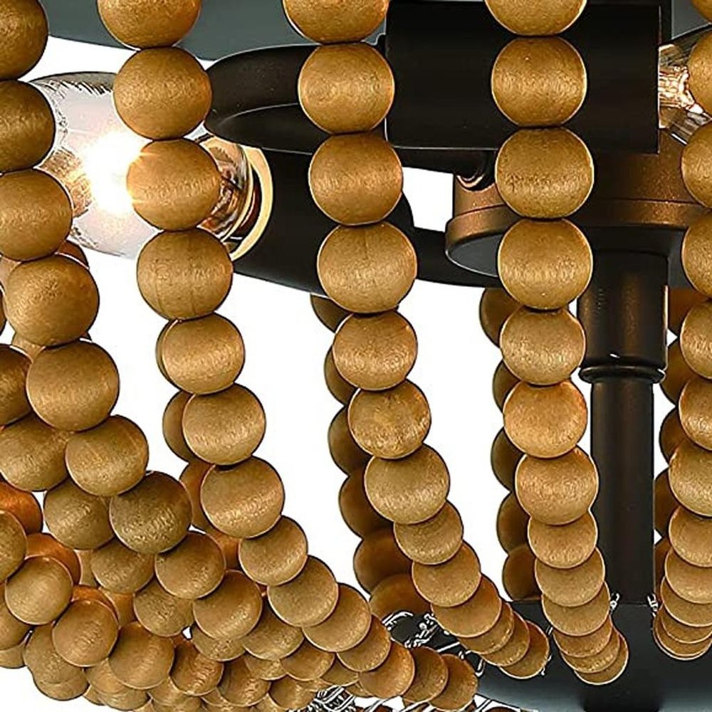 Brown And Black Wood Bead Three Light Flush Mount Ceiling Light in a home interior