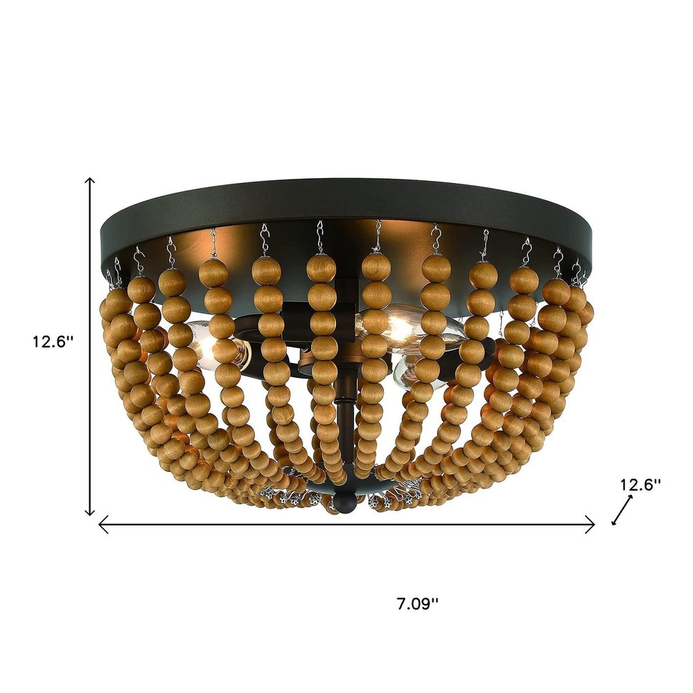 Brown And Black Wood Bead Three Light Flush Mount Ceiling Light on a white background
