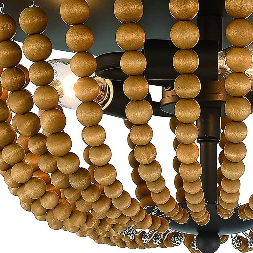 Brown And Black Wood Bead Three Light Flush Mount Ceiling Light close-up detail