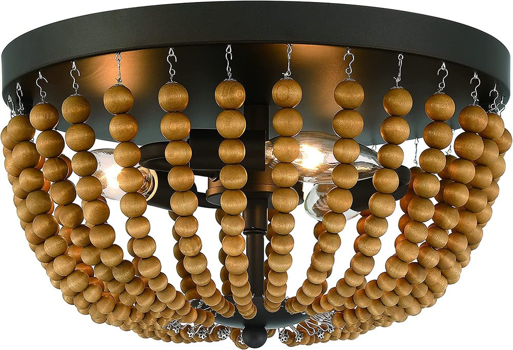 Brown And Black Wood Bead Three Light Flush Mount Ceiling Light on a white background