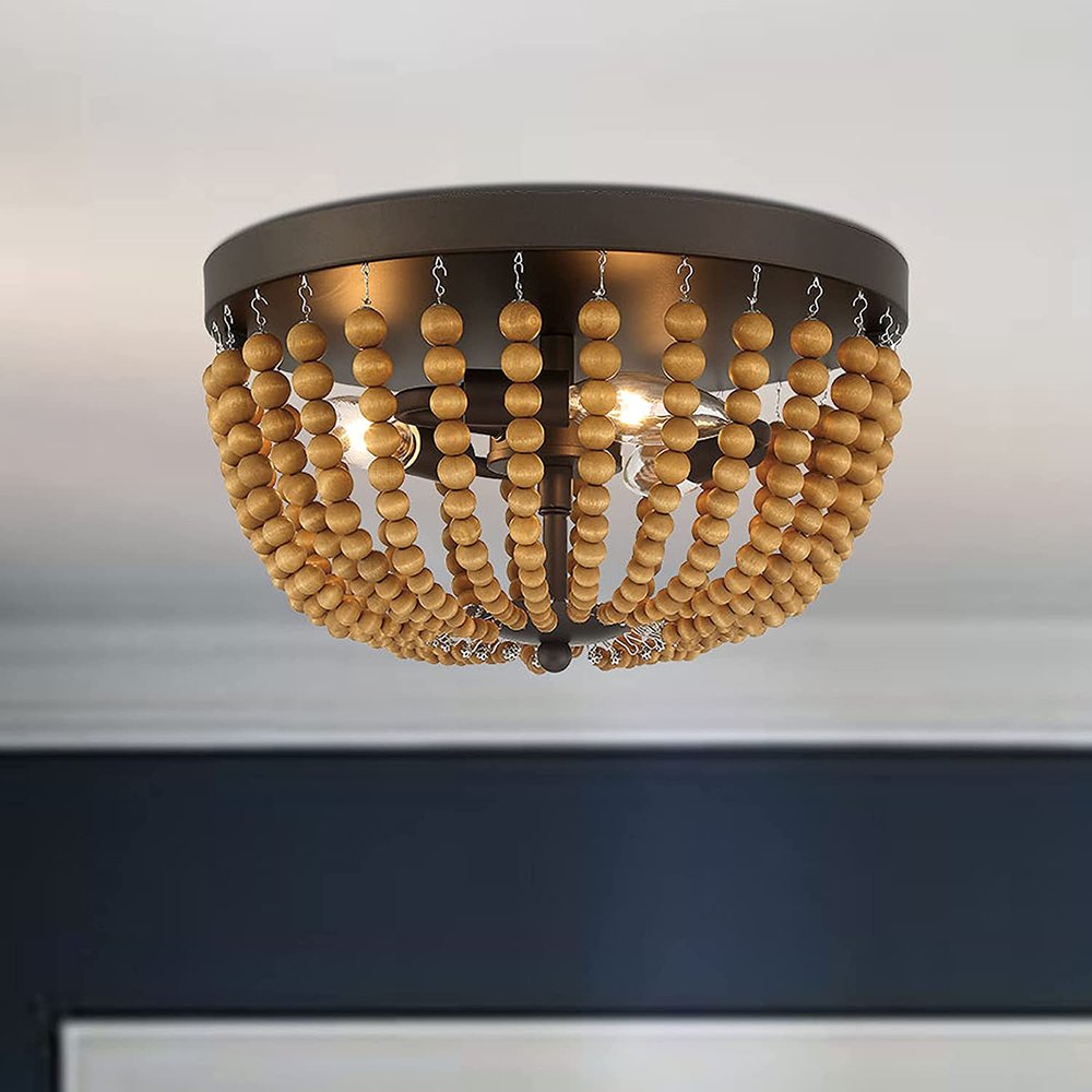 Brown And Black Wood Bead Three Light Flush Mount Ceiling Light in a home interior