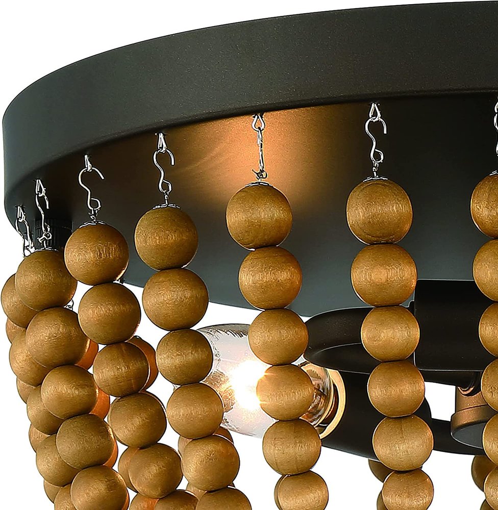 Brown And Black Wood Bead Three Light Flush Mount Ceiling Light close-up detail