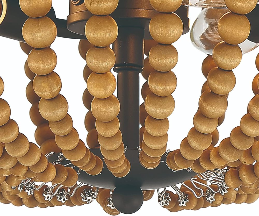 Brown And Black Wood Bead Three Light Flush Mount Ceiling Light on a white background