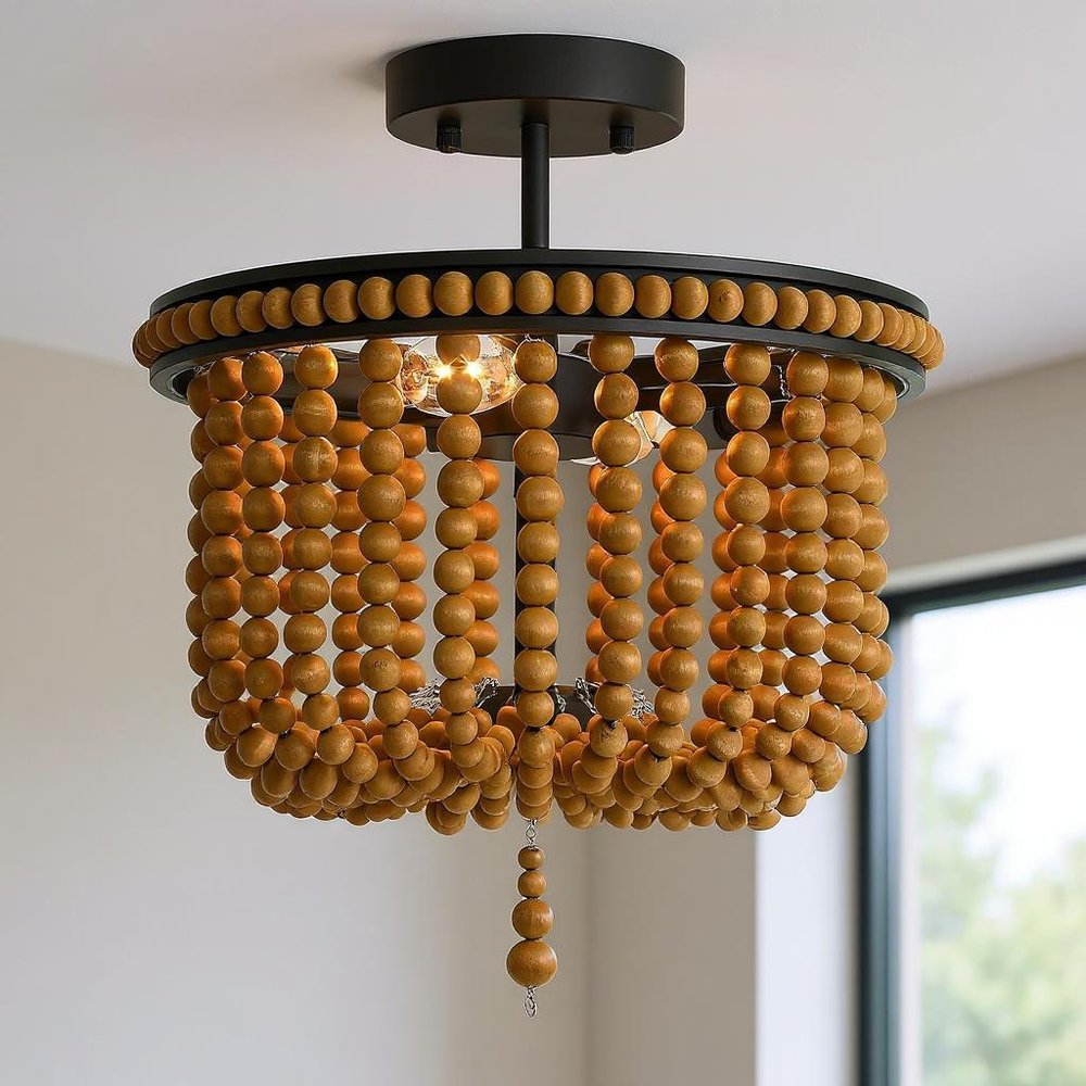 Brown And Black Unique Statement Two Light Metal Dimmable Flush Chandelier on a white background