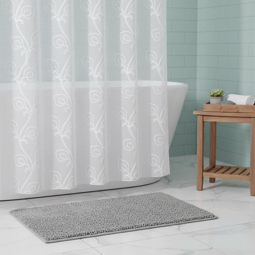 72" White Floral Faux Linen Shower Curtain With Embroidery on a white background
