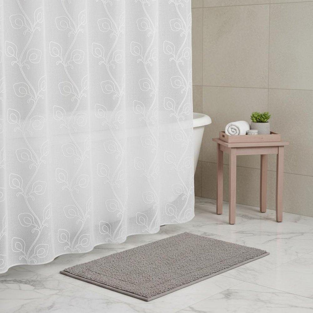 72" White Floral Faux Linen Shower Curtain With Embroidery on a white background