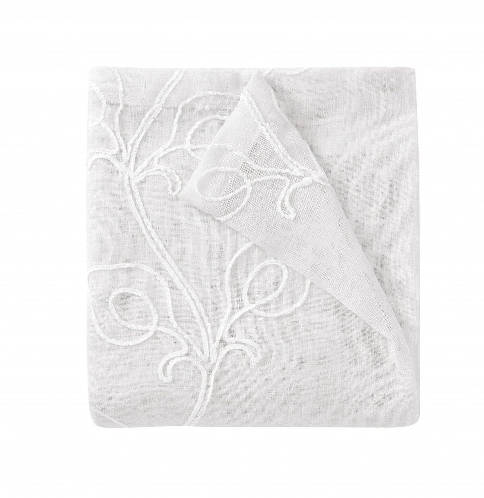 72" White Floral Faux Linen Shower Curtain With Embroidery on a white background