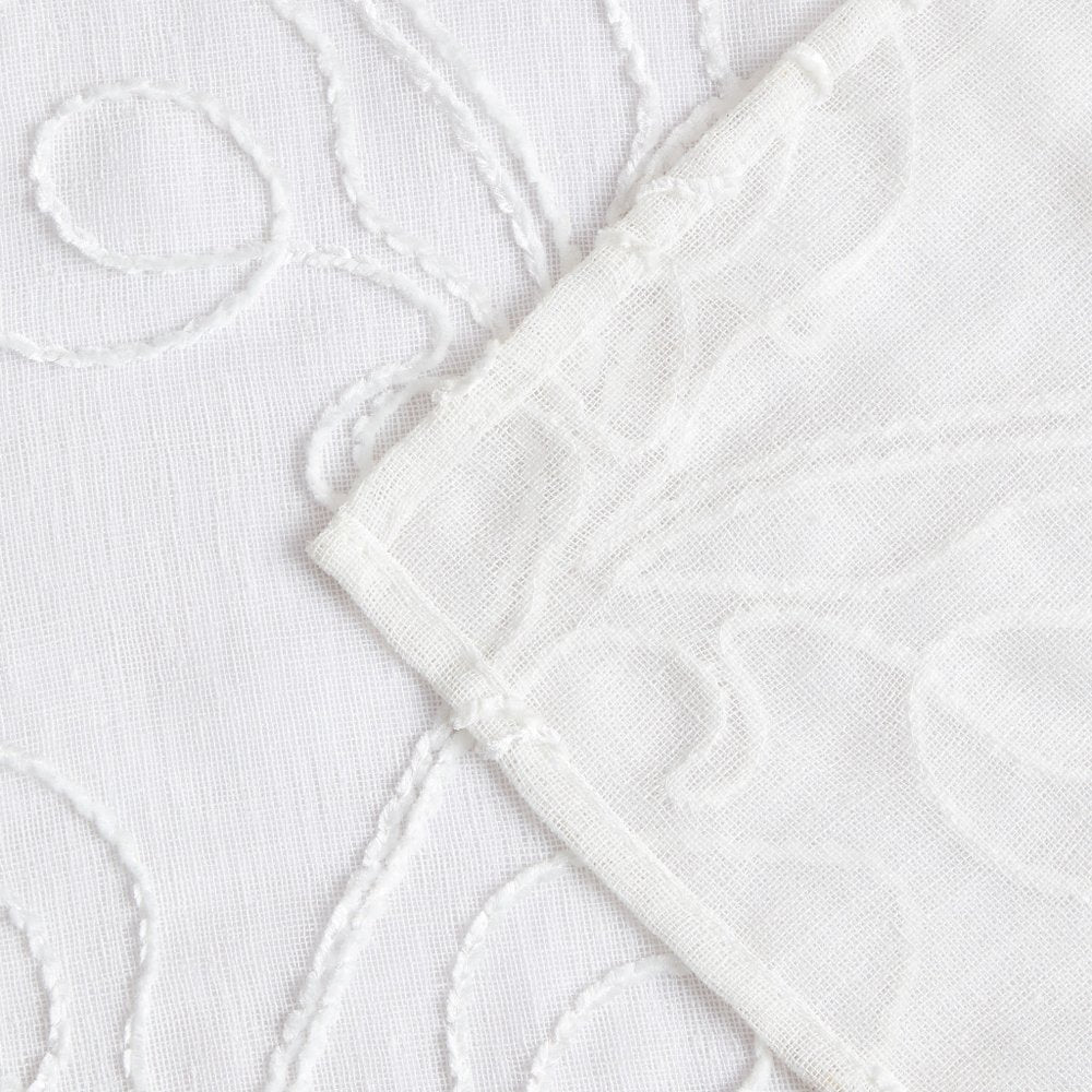 72" White Floral Faux Linen Shower Curtain With Embroidery on a white background