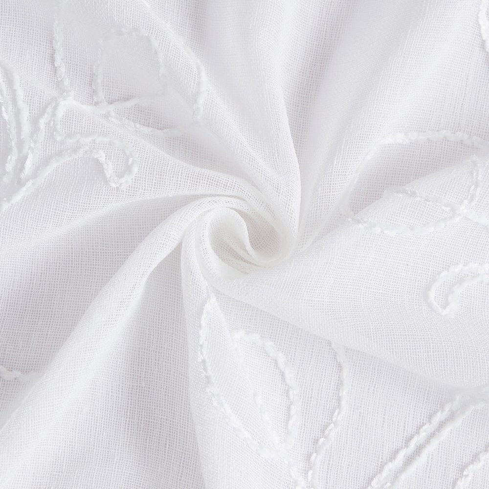 72" White Floral Faux Linen Shower Curtain With Embroidery on a white background
