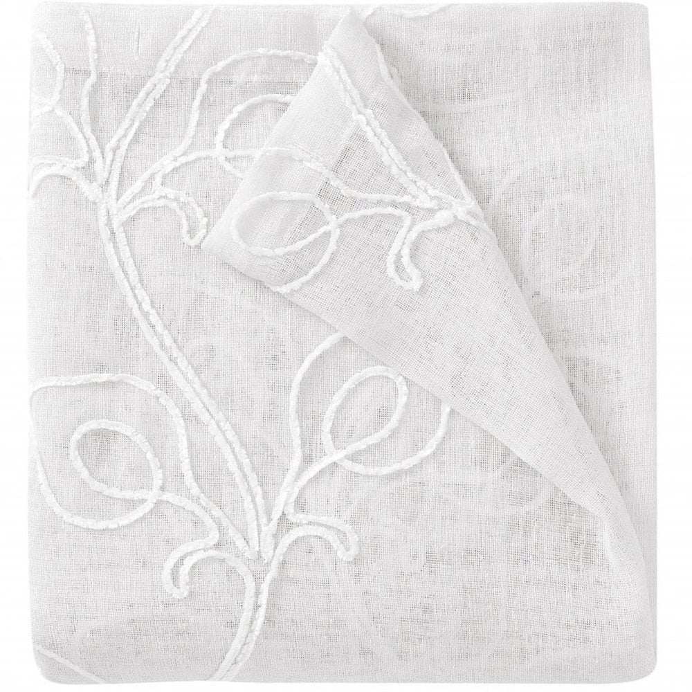 72" White Floral Faux Linen Shower Curtain With Embroidery on a white background
