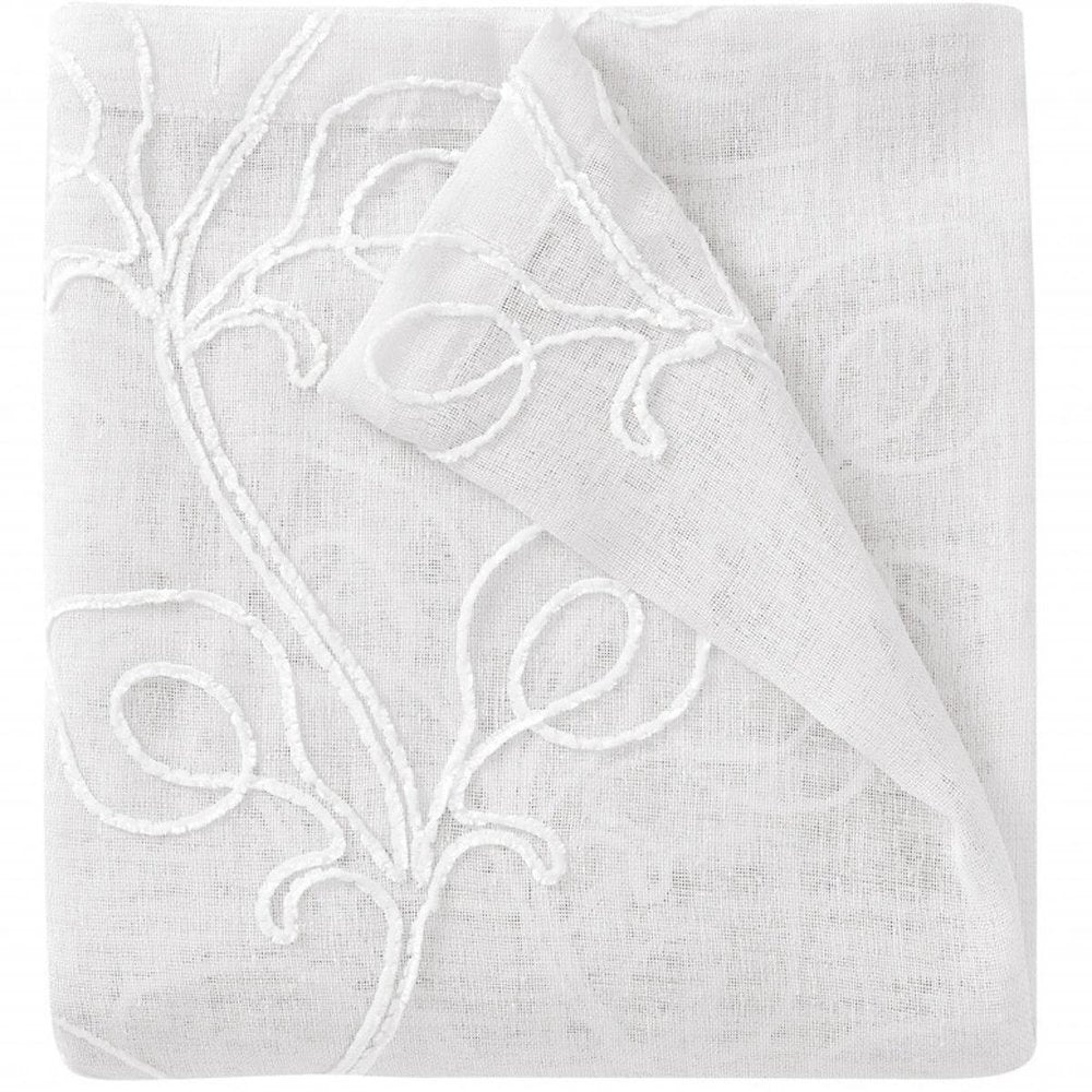 72" White Floral Faux Linen Shower Curtain With Embroidery on a white background