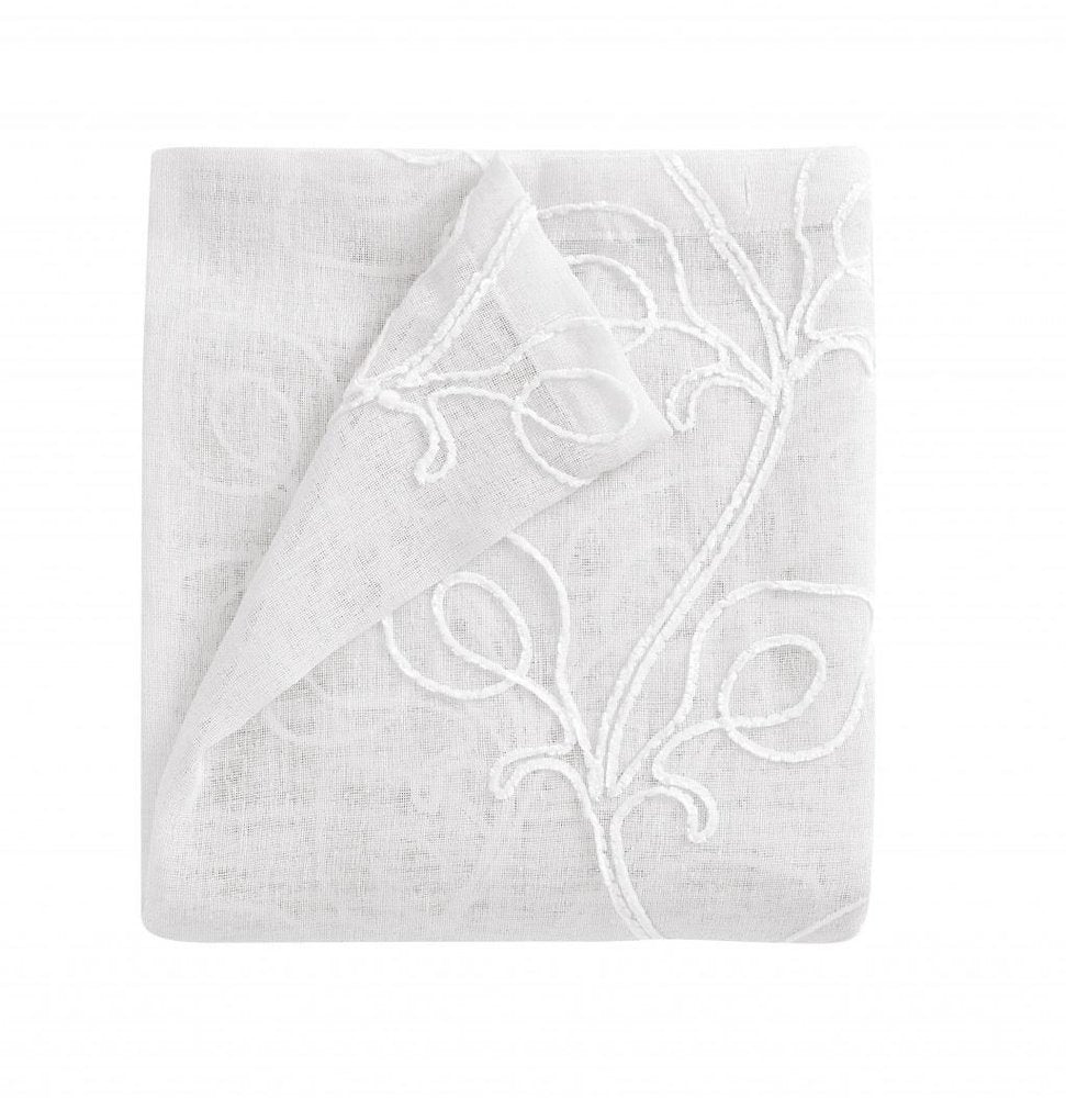 72" White Floral Faux Linen Shower Curtain With Embroidery on a white background