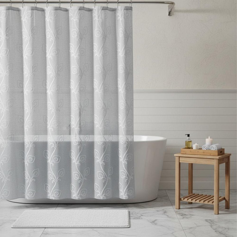 72" Gray Floral Faux Linen Shower Curtain With Embroidery