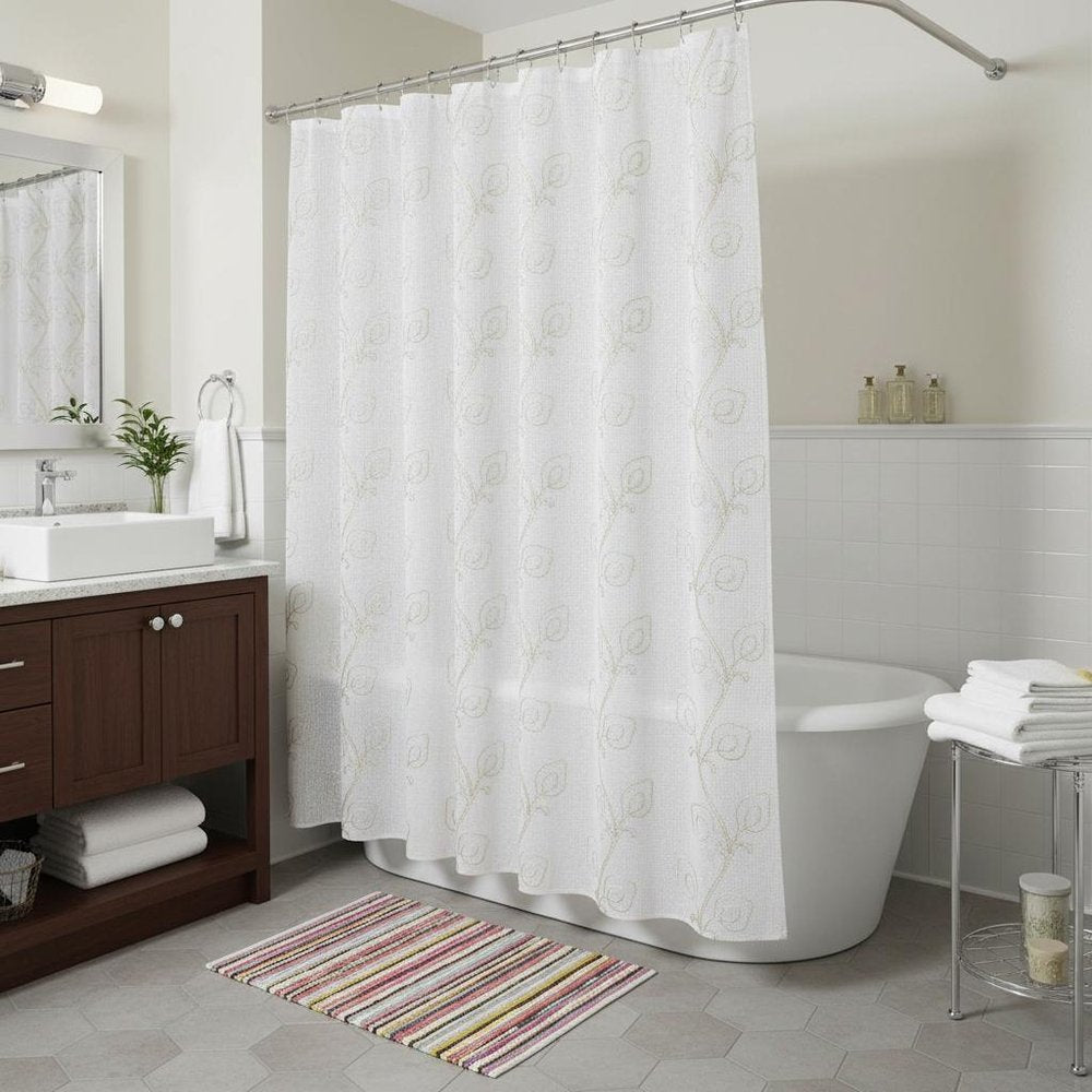 72" Ivory And Beige Embroidered Floral Shower Curtain in a home interior