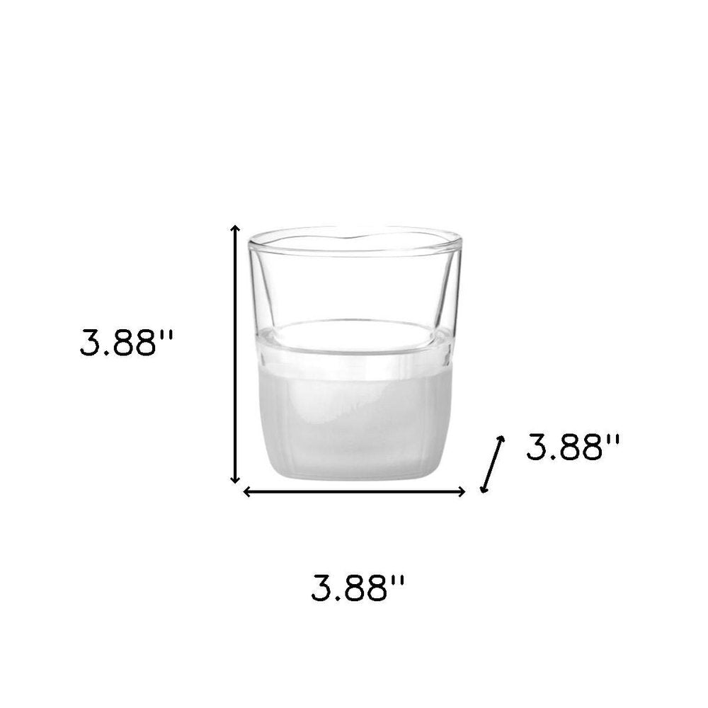 Clear glass stemless whiskey glass with dimensions 3.88 inches high and 3.88 inches wide on a white background.