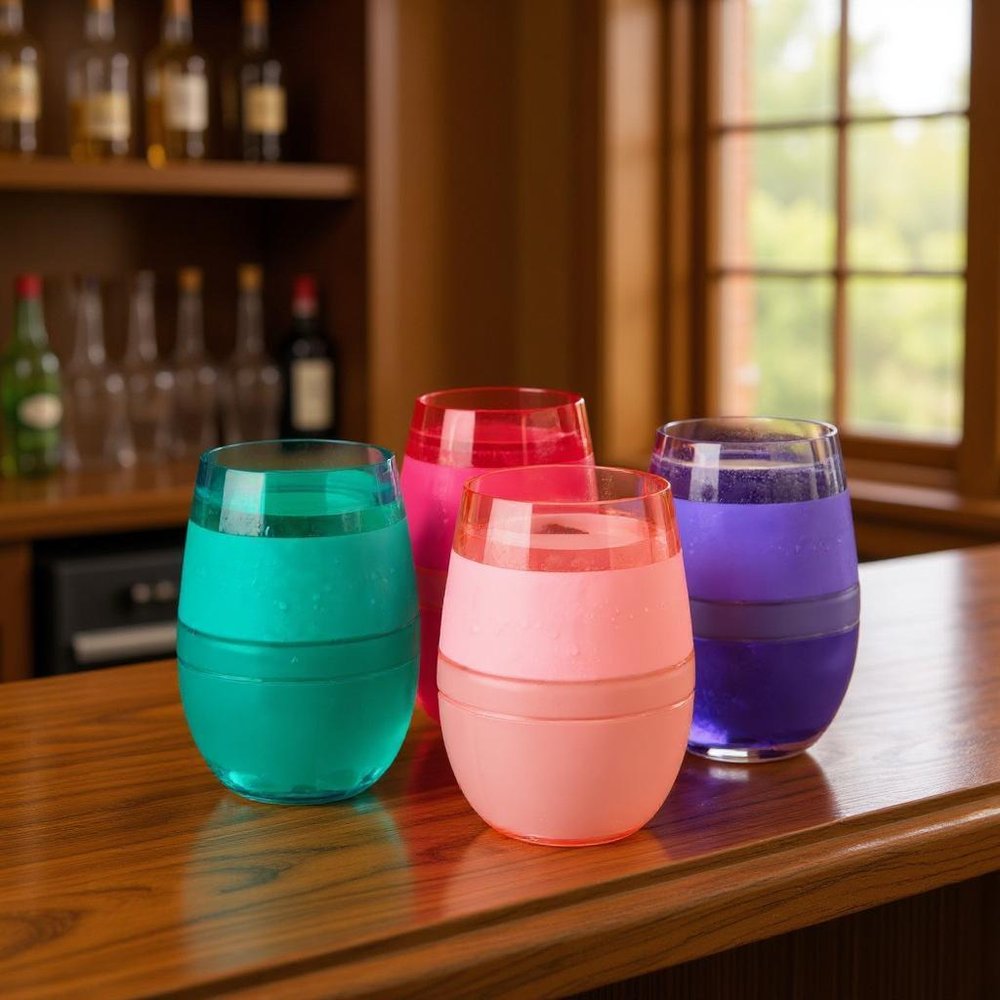Set of Four Green Pink And Purple Tritan Plastic Convex Curve Shape Stemless All Purpose Wine Glass - 4.75" H x 2.88" W x 2.88" D