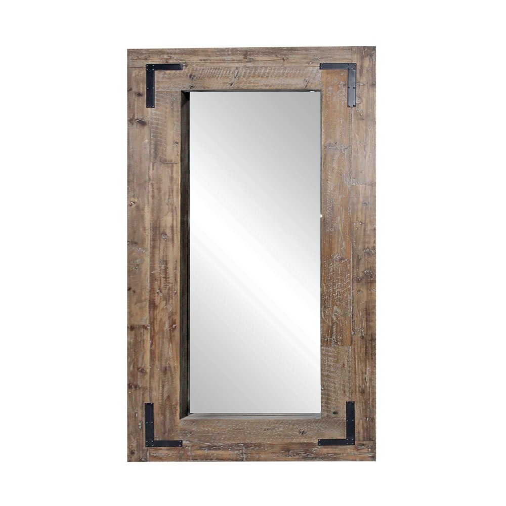 Tall rectangular mirror with a rustic brown wood frame and black metal corner accents, set against a white background.