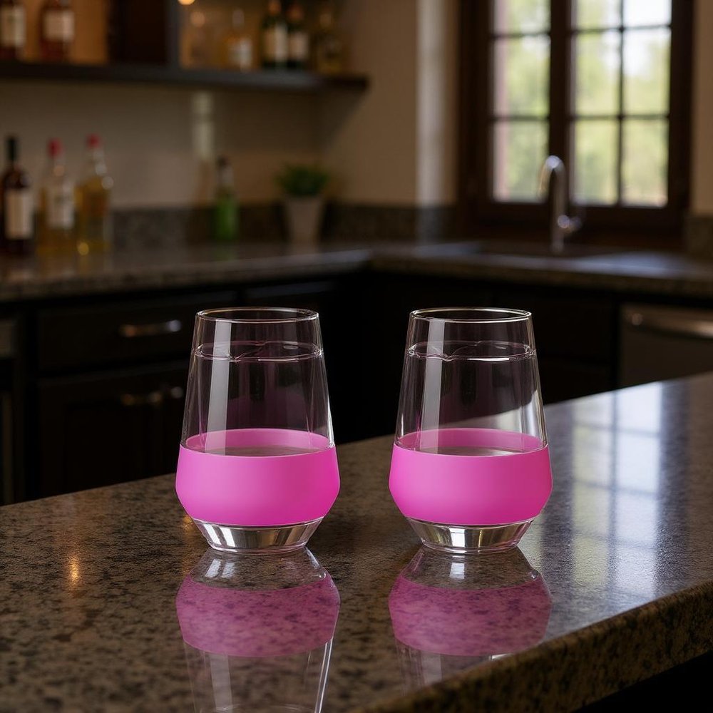 Set of Two Clear And Blush Plastic Angular Shape Stemless All Purpose Wine Glass