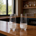 Set of Two Clear And White Plastic Angular Shape Stemless White Wine Glass in a home interior