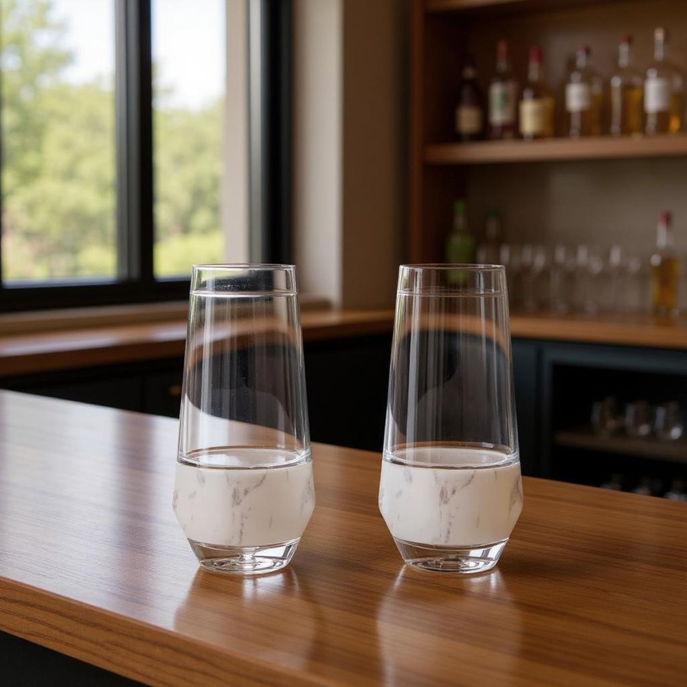 Set of Two Clear And White Plastic Angular Shape Stemless White Wine Glass in a home interior