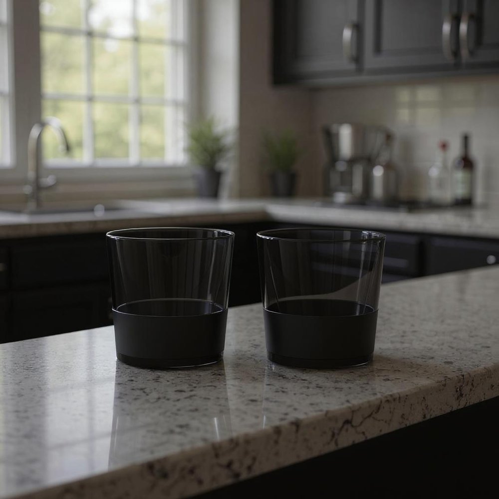 Set of Two Black Tritan Plastic Straight Shape Stemless Whiskey Glass in a home interior