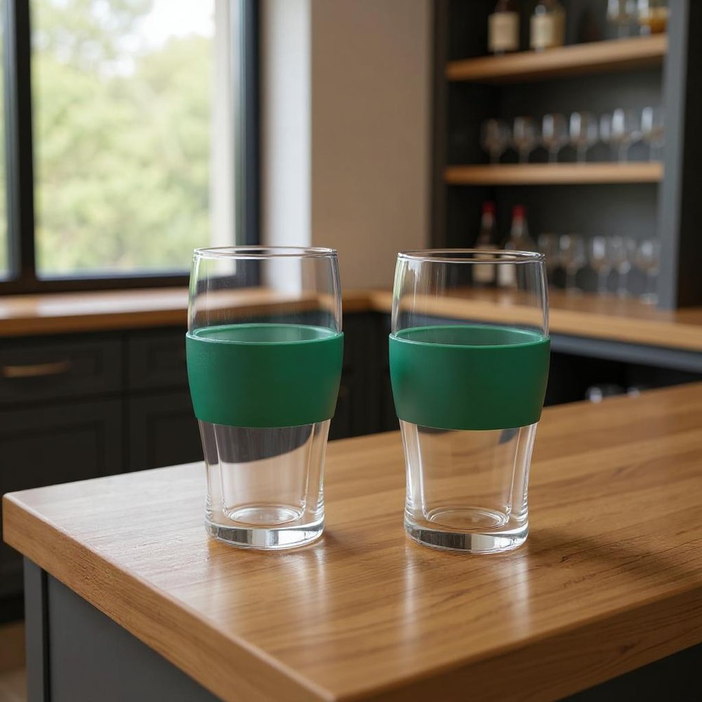 Set of Two Clear And Green Tritan Plastic Unique Shape Stemless Pint Glass in a home interior