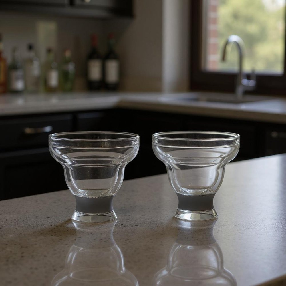 Set of Two Clear And Green Plastic Unique Shape Stemless Margarita Glass in a home interior