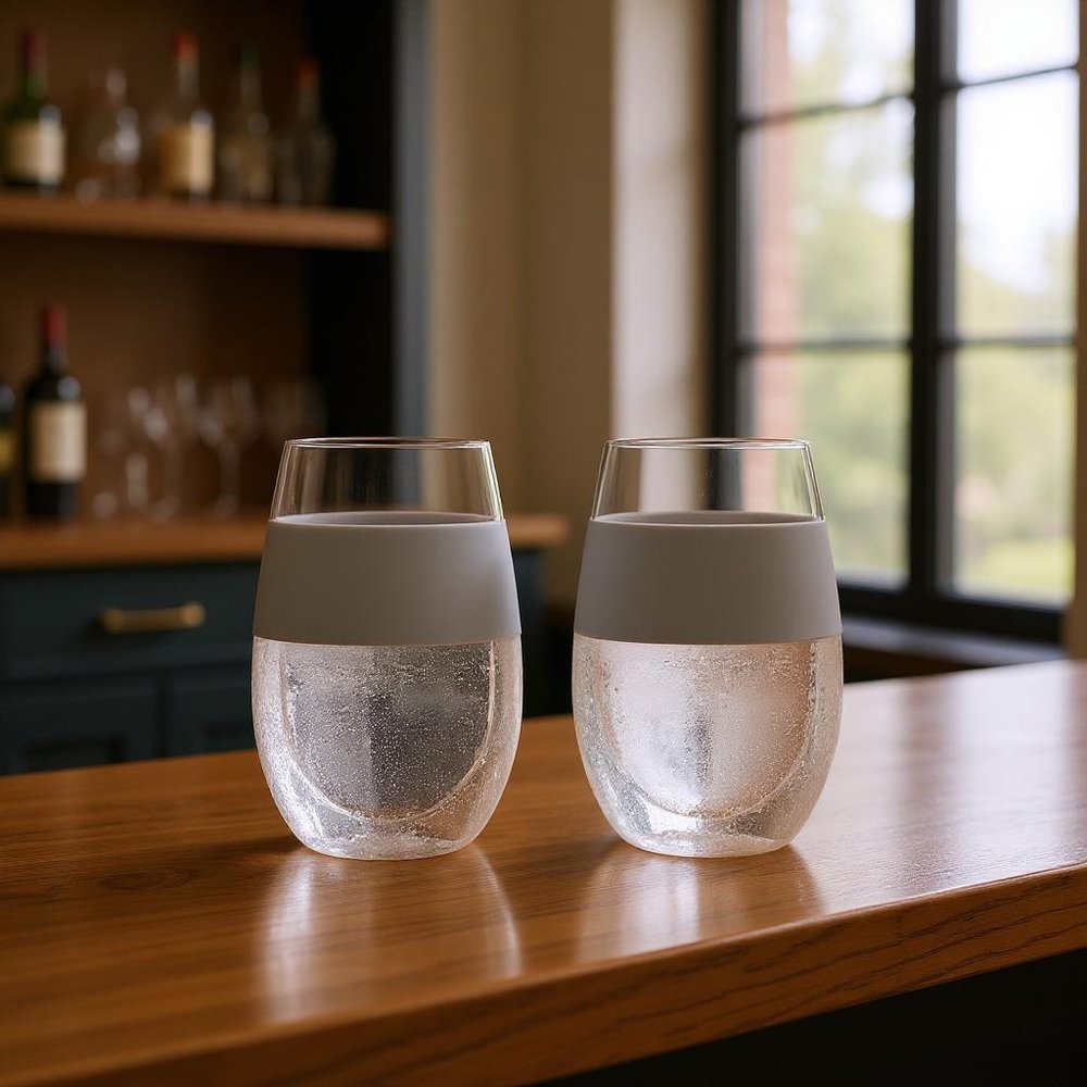 Set of Two Clear And Gray Tritan Plastic Convex Curve Shape Stemless All Purpose Wine Glass in a home interior