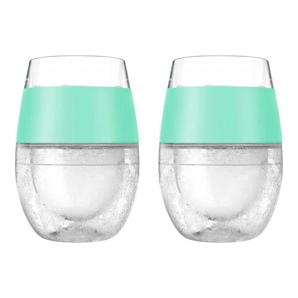 Set of Two Clear And Mint Green Tritan Plastic Convex Curve Shape Stemless All Purpose Wine Glass on a white background