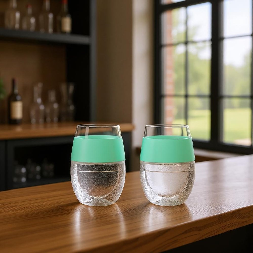 Set of Two Clear And Mint Green Tritan Plastic Convex Curve Shape Stemless All Purpose Wine Glass in a home interior