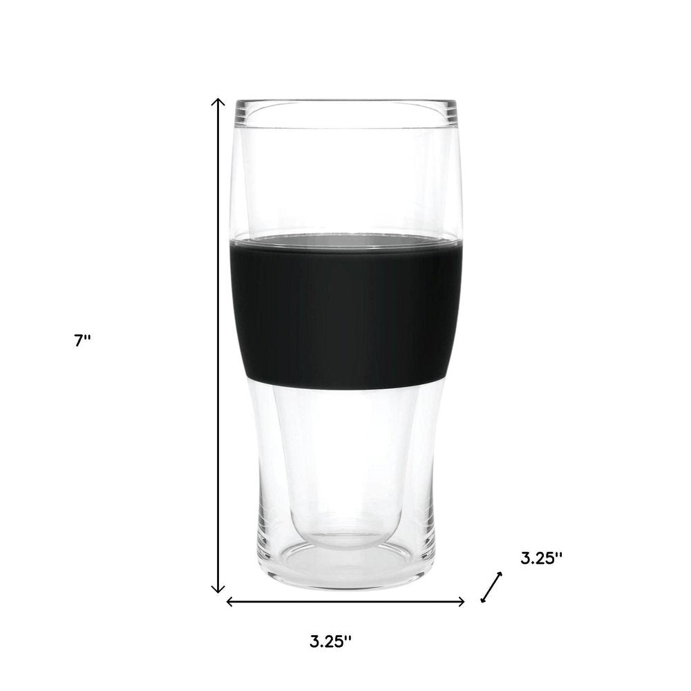 Clear and black Tritan plastic stemless pint glass, 7 inches tall with 3.25 inch diameter.
